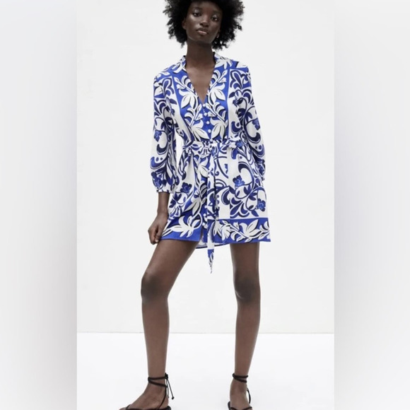 Zara Dresses & Skirts - a Dress Womans Linen Casual Printed V Neck Long Sleeve Blue White Shirt Medium